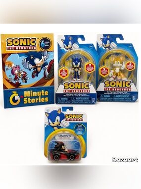 4pc NEW Sonic The Hedgehog Bundle Action Figures Sonic Tails Car Shadow Book